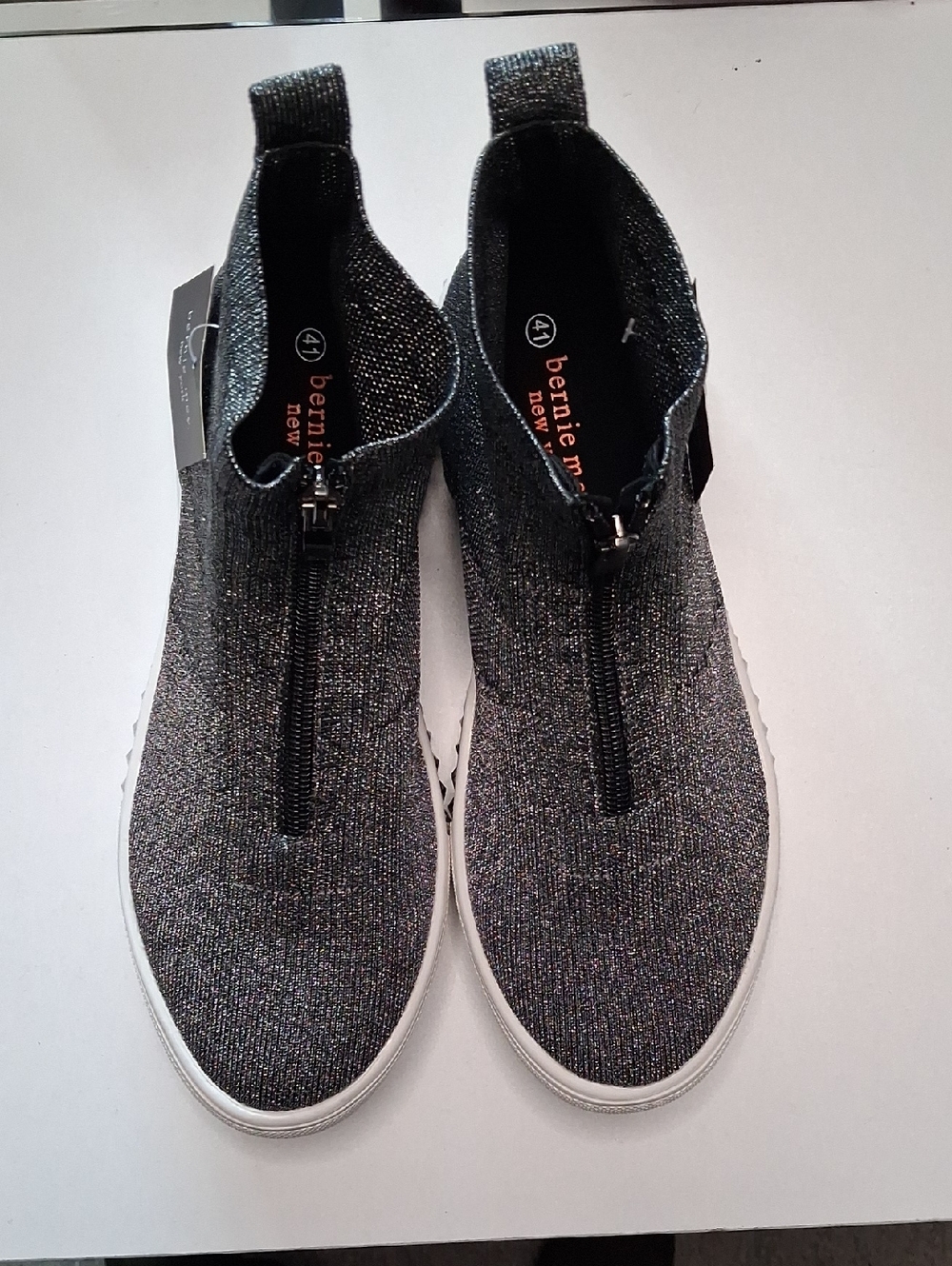 bernie mev. Black Glitter Front-Zip Knit Slip-On Sneakers